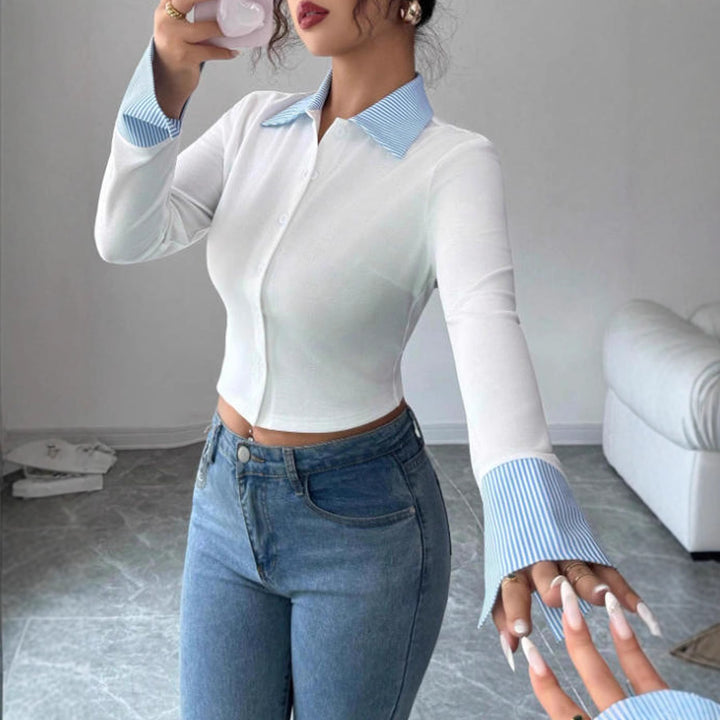 Women's Short-Cut Fine Knit Shirt Jacket with Contrast Collar and Cuff Turn-ups Mune Fashion