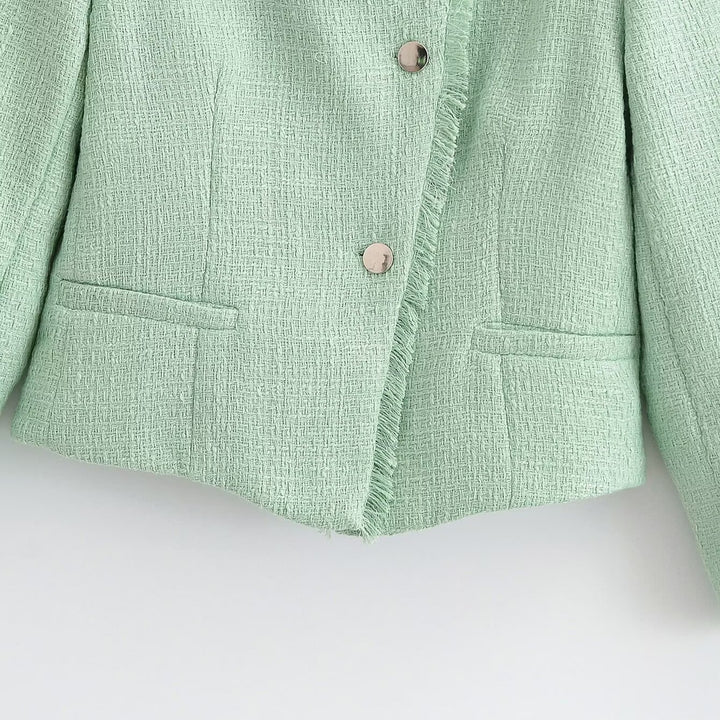 Women Cropped Boucle Blazer with Fringe Hem, Stand-up Collar and Piped Pockets Mune Fashion