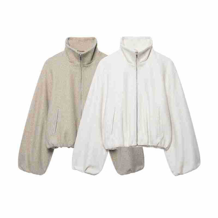 Women's Cropped Wool Blend Blouson Jacket with High Funnel Neck, Zipper and Gathered Hem
