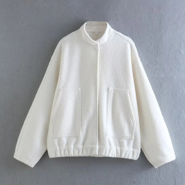 Women's Oversize Fleece Jacket with Stand-Up Collar, Patch Front Pockets, and Elastic Hem Mune Fashion