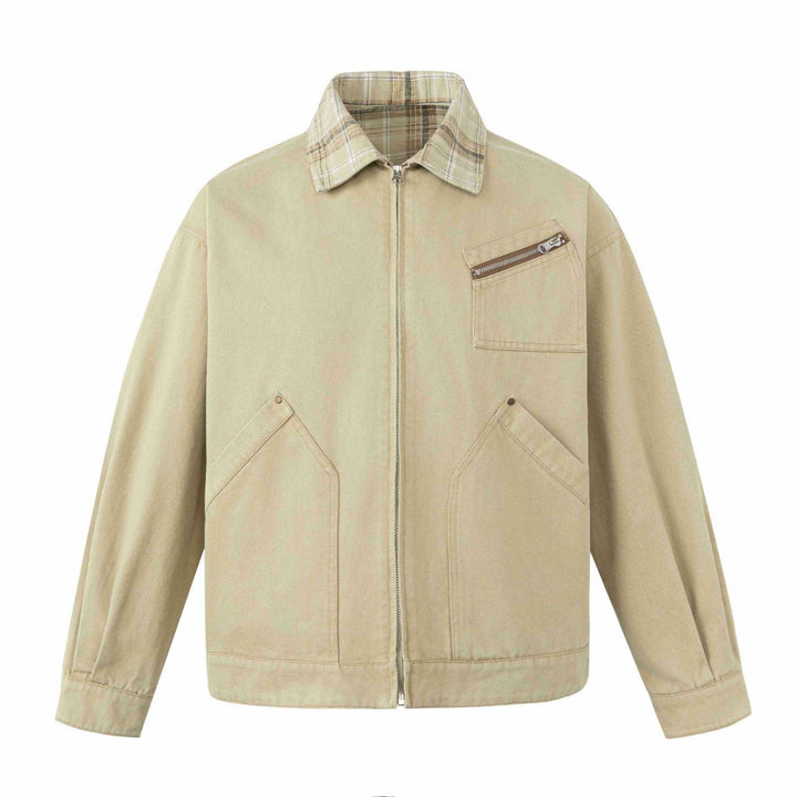 Men's short-cut canvas workwear blouson with check collar and zip chest pocket Mune Fashion