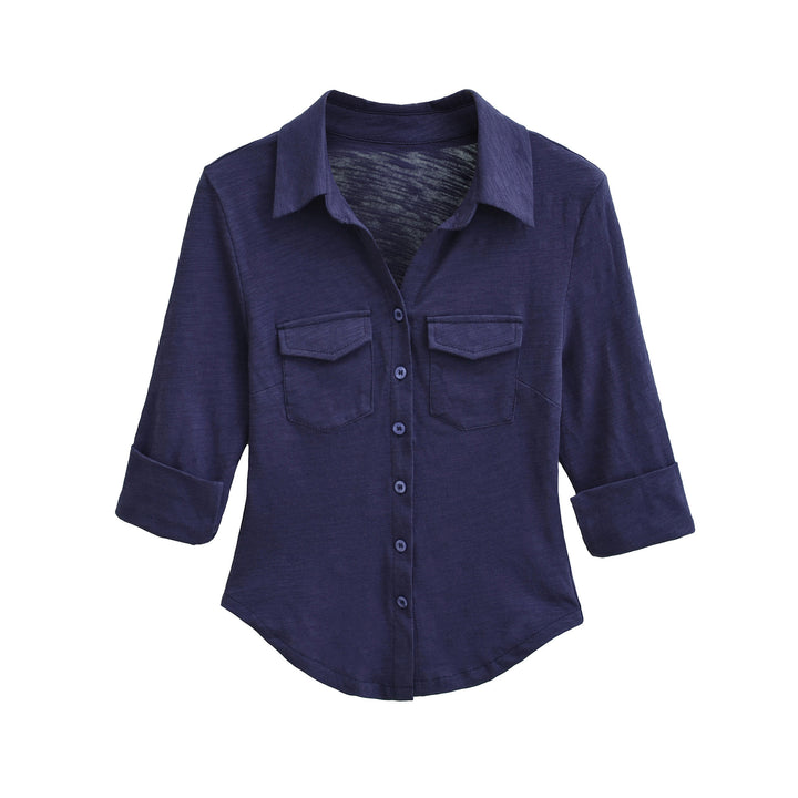 Women’s blouse shirt made of soft jersey with patch breast pockets and three-quarter sleeves Mune Fashion