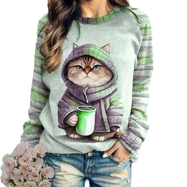 Women's casual sweatshirt with large kitten front print and striped raglan sleeves Mune Fashion