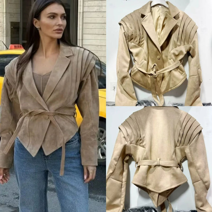 Women's tailored suede blazer with pleated shoulder details and tie belt Mune Fashion