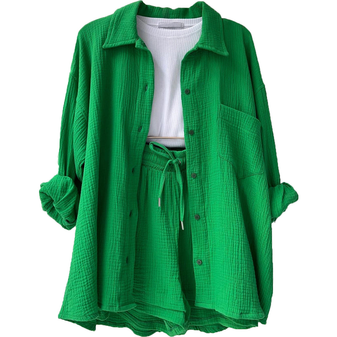 Women's casual oversized shirt and shorts set with chest pocket, drawstring, and brushed cotton texture Mune Fashion