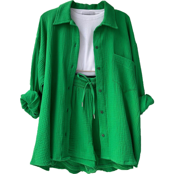 Women's casual oversized shirt and shorts set with chest pocket, drawstring, and brushed cotton texture Mune Fashion
