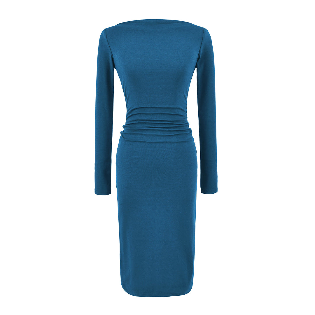 Women Figure-hugging Midi Dress with Gathering and Boat Neck Mune Fashion
