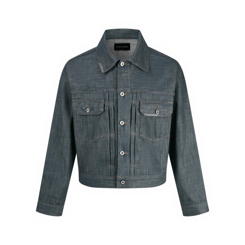 Men's cropped denim jacket with vertical seams, patch pockets, and boxy silhouette Mune Fashion