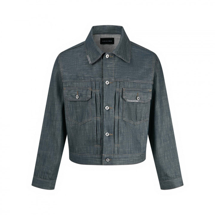 Men's cropped denim jacket with vertical seams, patch pockets, and boxy silhouette Mune Fashion