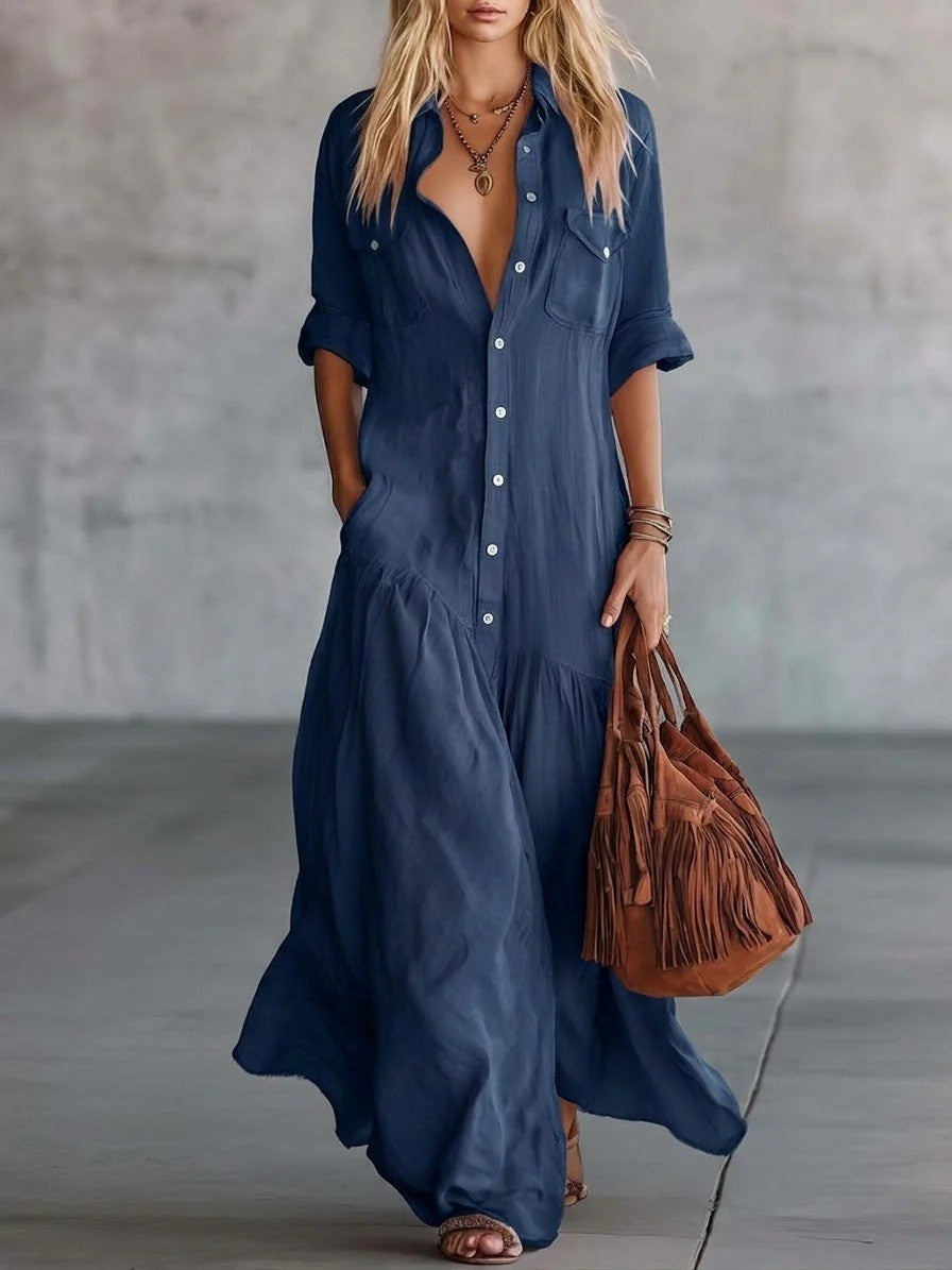 Ladies Long Flowing Shirt Blouse Maxi Dress with Button Placket, Applied Breast Pockets and Side Insert Pockets Mune Fashion