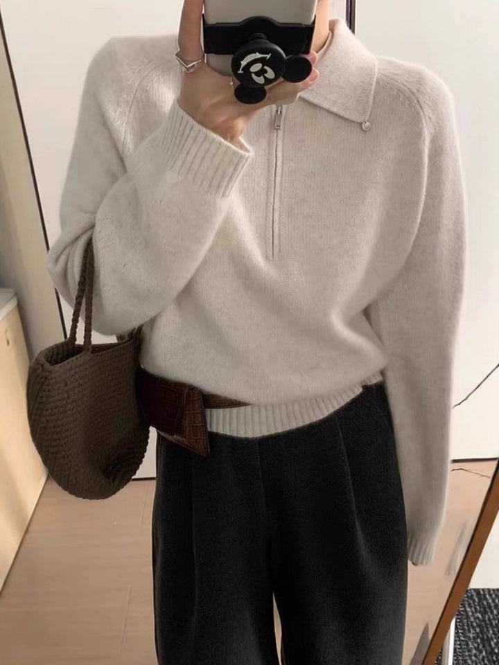 Women’s short zip polo pullover made of fluffy wool blend with boxy silhouette Mune Fashion