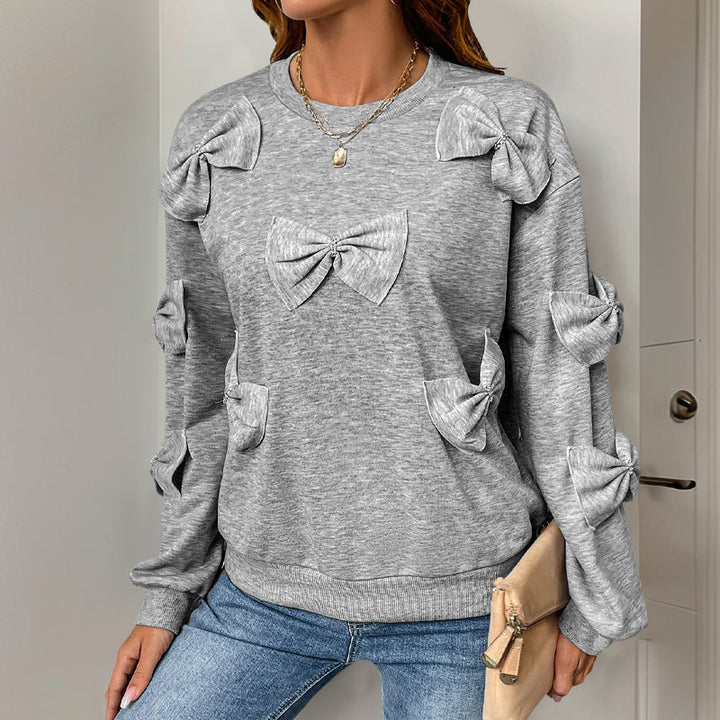 Women's Cozy Sweatshirt with 3D Bow Applications, Round Neck & Ribbed Cuffs Mune Fashion