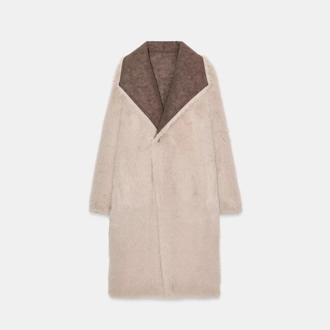 Women's Long Faux Fur Shearling Coat with Oversized Shawl Collar and Patch Pockets Mune Fashion