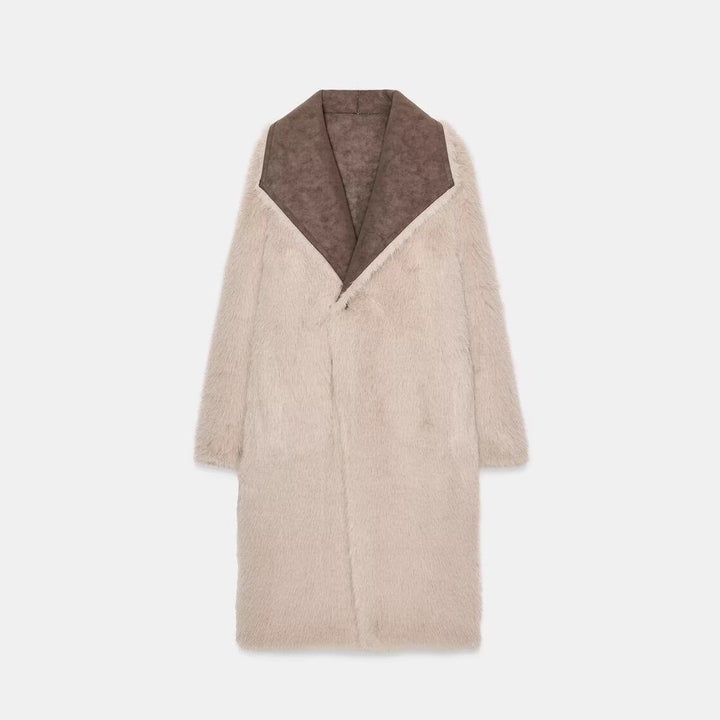Women's Long Faux Fur Shearling Coat with Oversized Shawl Collar and Patch Pockets Mune Fashion