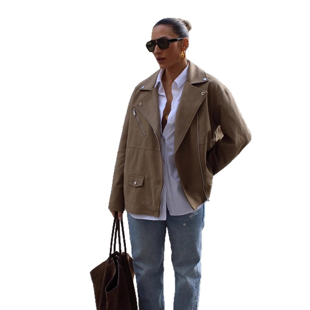 Women Oversize Biker Jacket made of suede imitation with asymmetric zipper Mune Fashion