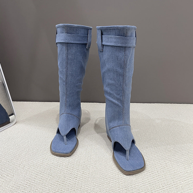 Women's knee-high jeans look boots with thong open toe and adjustable buckle strap Mune Fashion