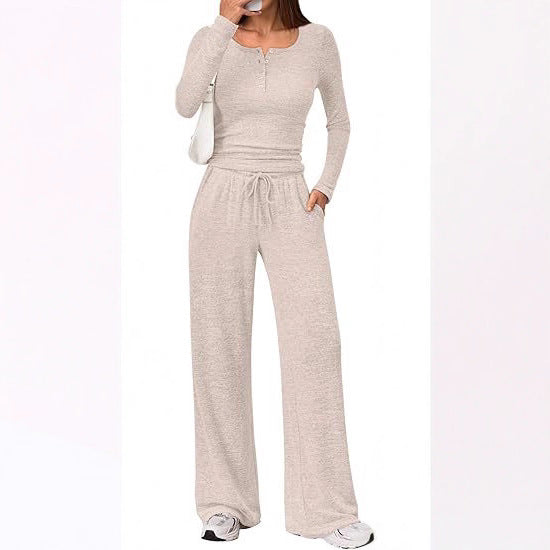Women's Two-Piece Lounge Set with Henley Top and Wide Jogger Pants Cut Mune Fashion