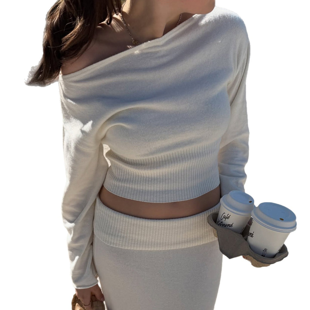 Women’s Off-Shoulder Ribbed Cropped Top with Waistband and Matching Midi Skirt Mune Fashion