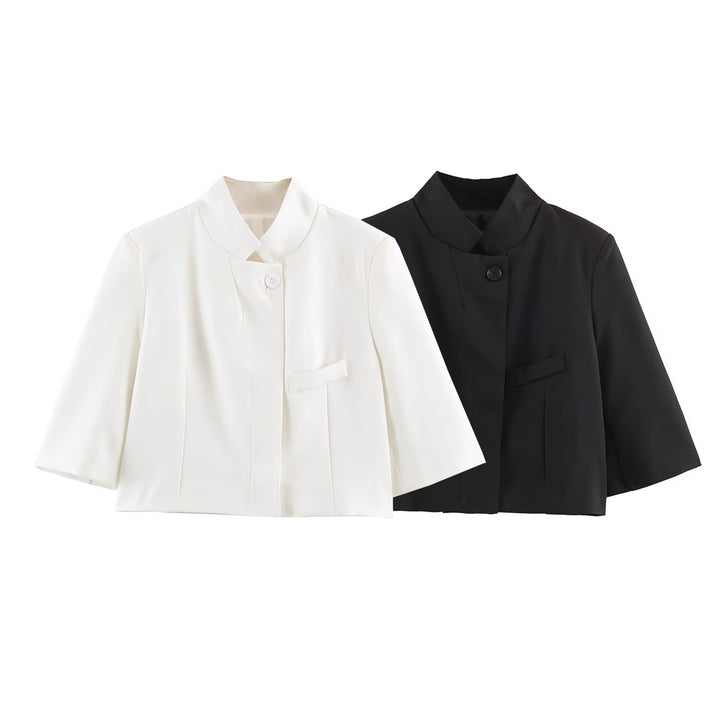 Women Elegant Cropped Jacket with Standing Collar, Concealed Button Placket and 3/4 Sleeves Mune Fashion