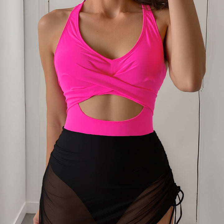 Women's One-Piece Swimsuit with Elegant Wrap Look and Sophisticated Cut-Out Mune Fashion