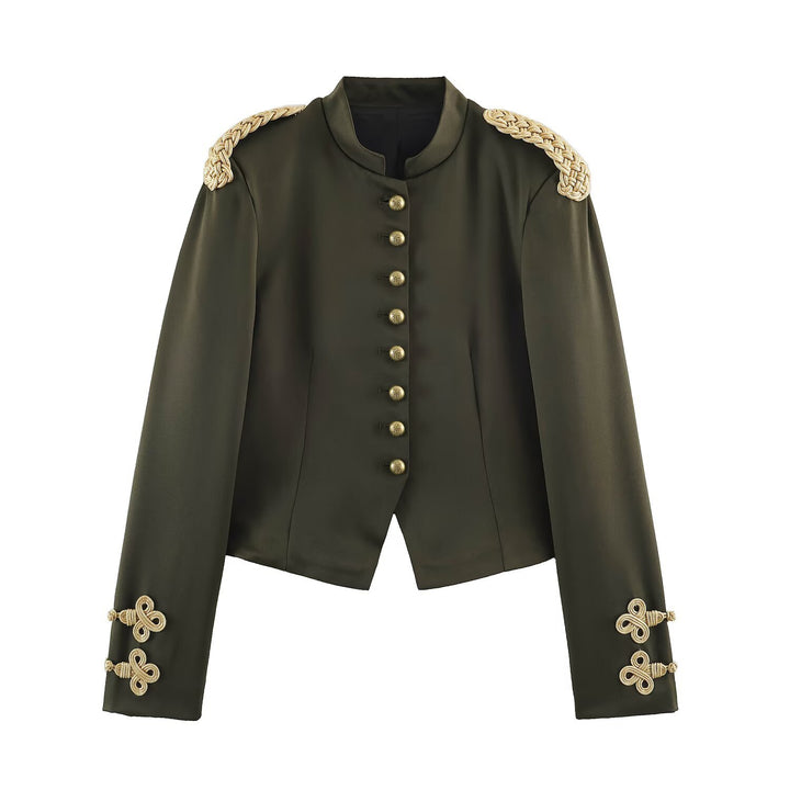Women's Short Military Blazer with Braided Epaulettes and Decorative Knot Sleeves Mune Fashion