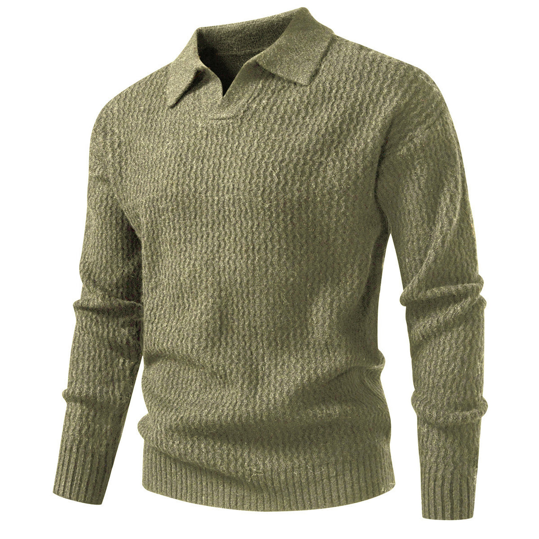 Men's polo collar fine knit sweater with textured wave design and ribbed hem Mune Fashion