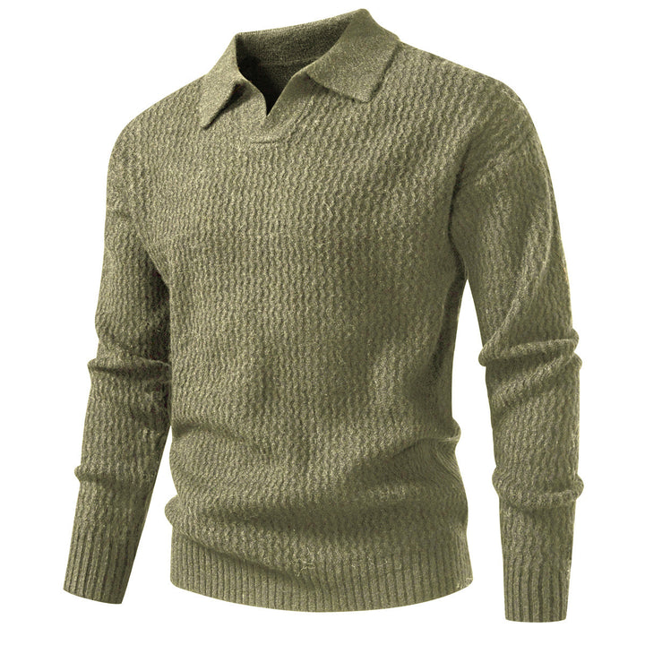 Men's polo collar fine knit sweater with textured wave design and ribbed hem Mune Fashion