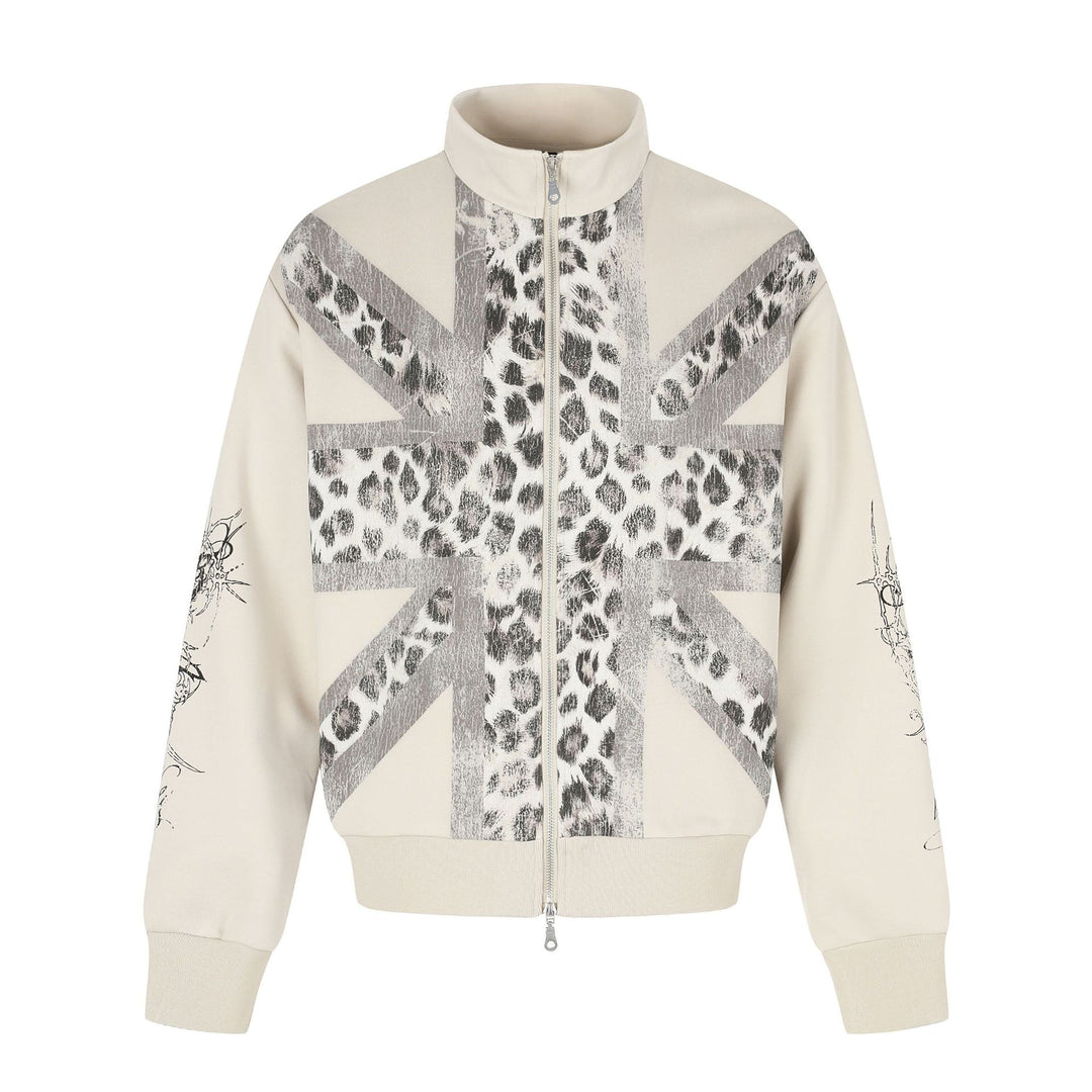 Women's Oversized Sweat Jacket with Stand-up Collar and Leopard Print Mune Fashion