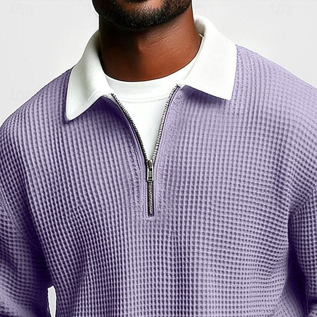 Men's structured waffle knit pullover with polo collar and short zipper Mune Fashion