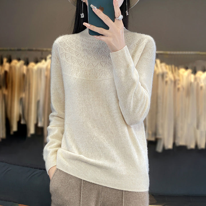 Women's Cozy Mohair Look Pullover with Decorative Structure on the Top and High Collar Mune Fashion
