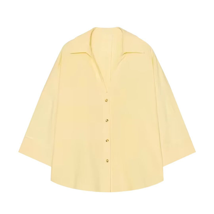 Women's Oversized Shirt Blouse with Boxy Cut, Three-Quarter Sleeves and Horn Button Placket Mune Fashion