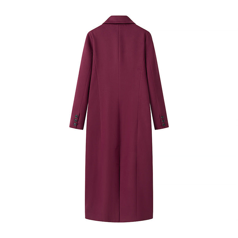 Women's Extra Long Wool Blend Coat with Double-Breasted Button Placket, Notched Lapel and Flap Pockets Mune Fashion