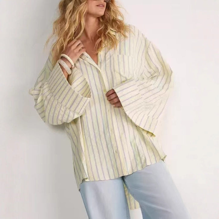 Women oversized shirt blouse with wide bell sleeves and fine striped pattern Drune