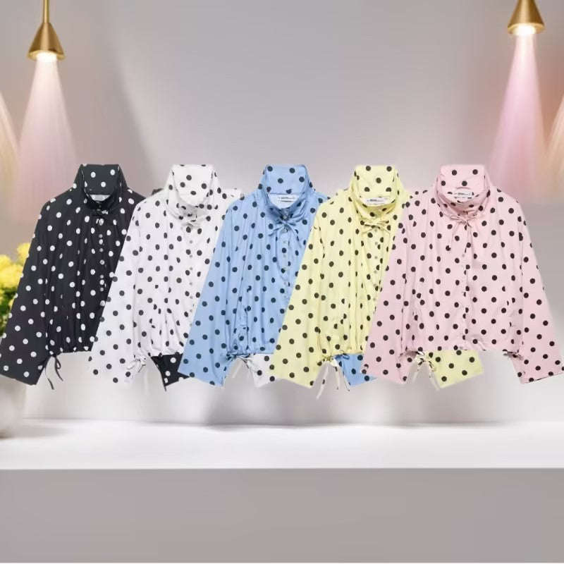Women's Lightweight Polka Dot Windbreaker with Stand Collar, Drawstring and Button Placket Mune Fashion