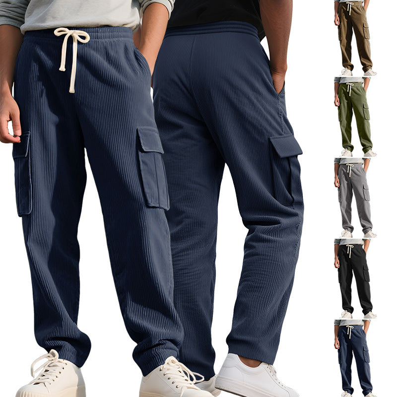Men's casual utility cargo joggers with vertical ribbed structure, drawstring waistband, and large flap pockets Mune Fashion