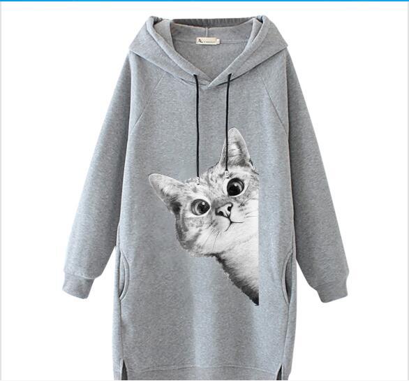 Women's Oversize Hooded Dress with Large Cat Design and Side Pockets Mune Fashion