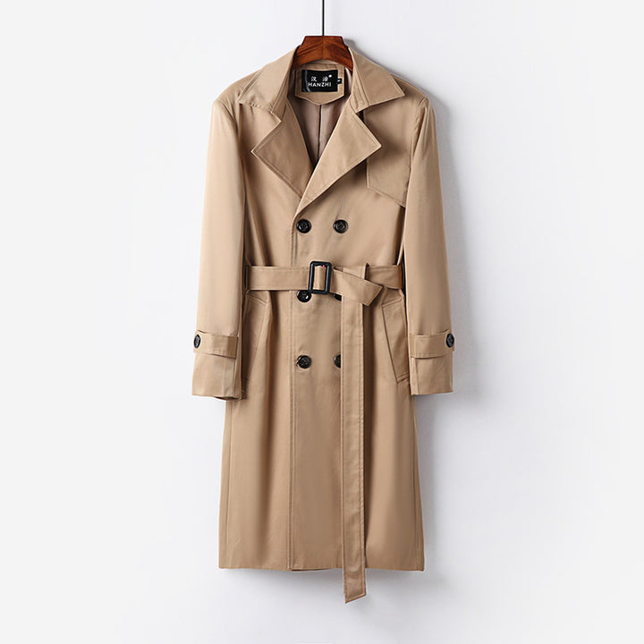 Men's trench coat with double-breasted button placket, waist belt, and classic lapel Mune Fashion