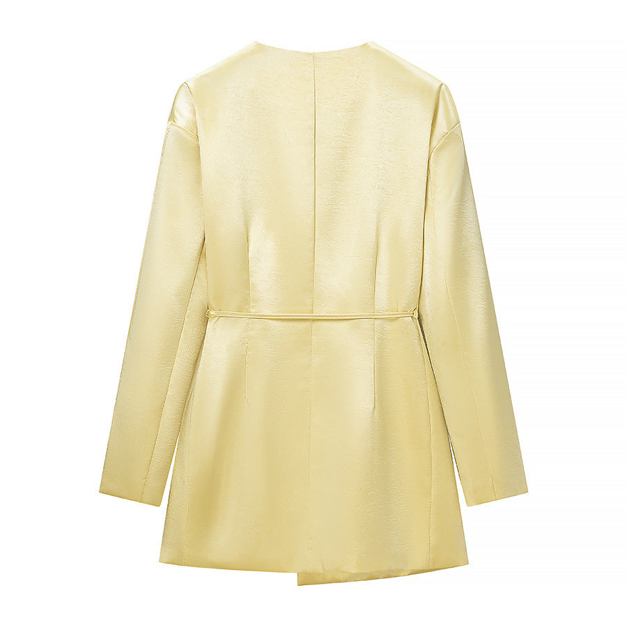 Ladies Two-Piece Satin Ensemble with Wrap Blazer and Wide Pleated Trousers Mune Fashion