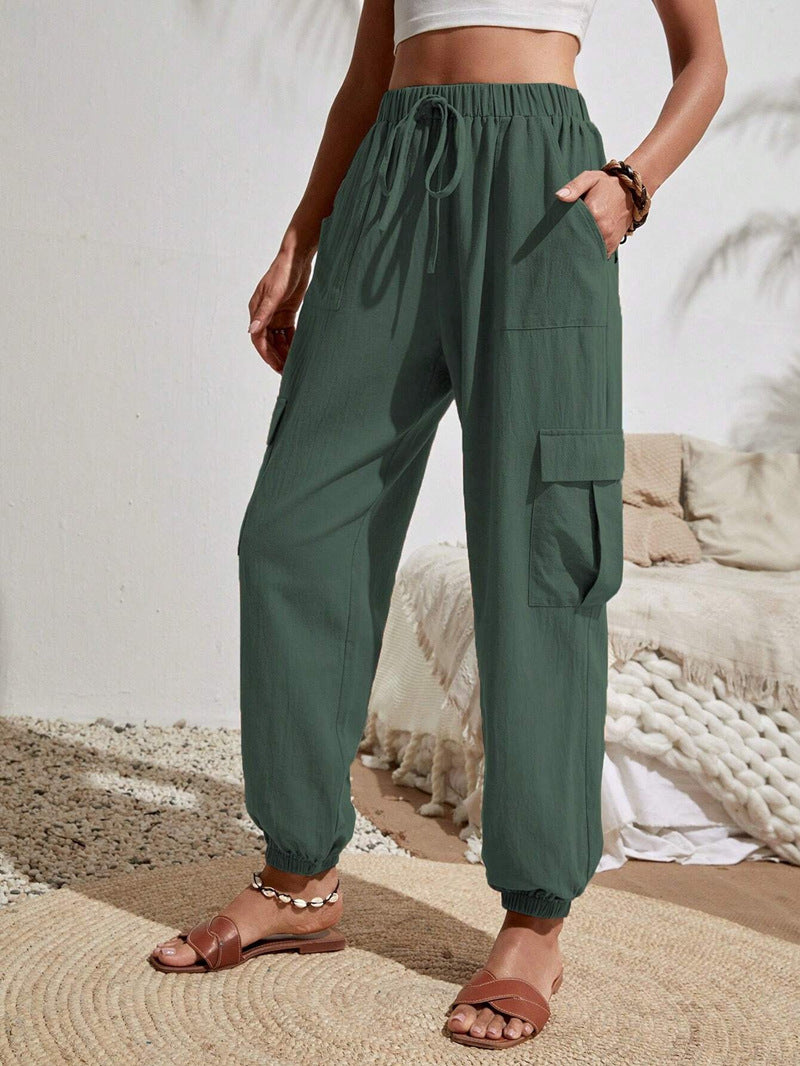 Women Cargo Jogging Pants with Elastic Waistband, Drawstring and Patch Pockets Mune Fashion
