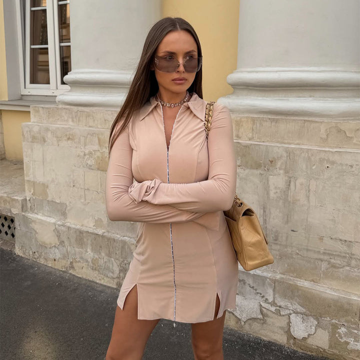 Women's Fitted Shirt Blouse Mini Dress with Continuous Decorative Zipper, Tailored Seams, and Side Slits Mune Fashion