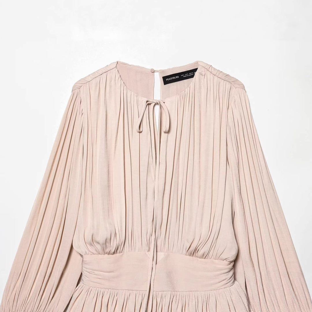 Women Pleated Wrap Dress with Ruffle Skirt and Balloon Sleeves Mune Fashion