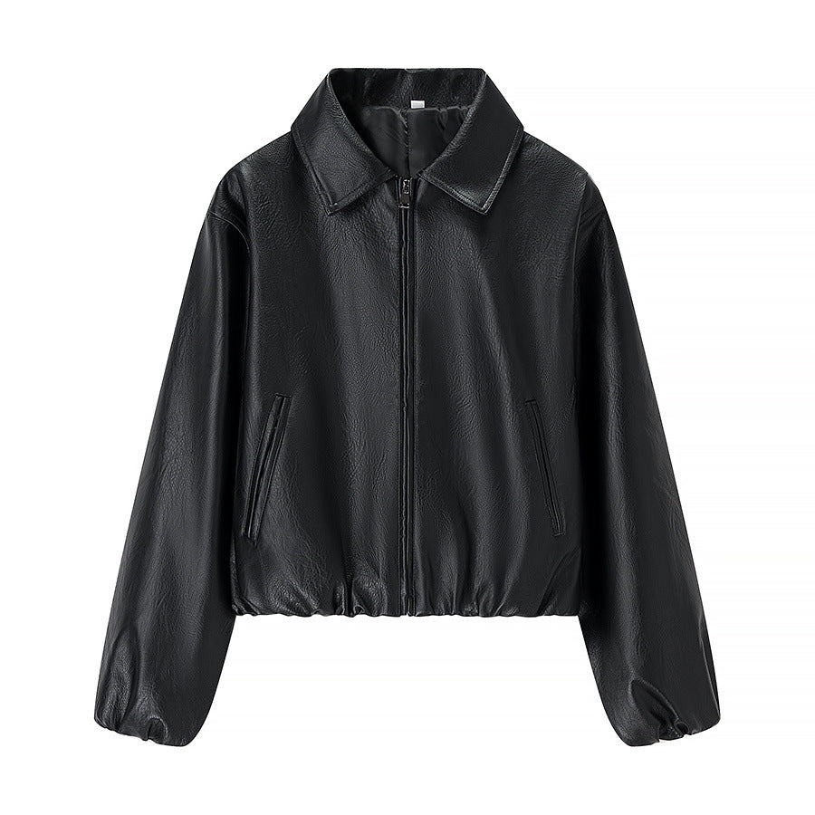 Women short cut leather imitation blouson with zipper and elastic hem Mune Fashion