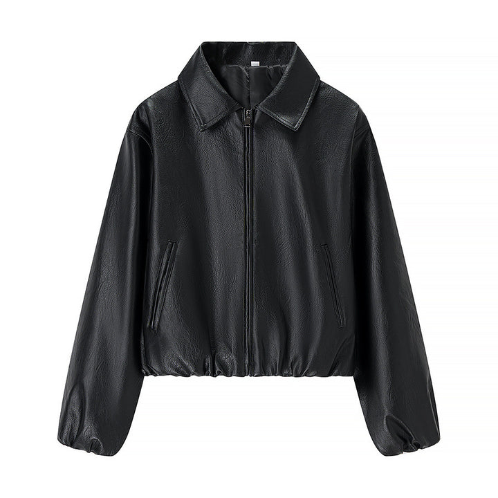 Women short cut leather imitation blouson with zipper and elastic hem Mune Fashion
