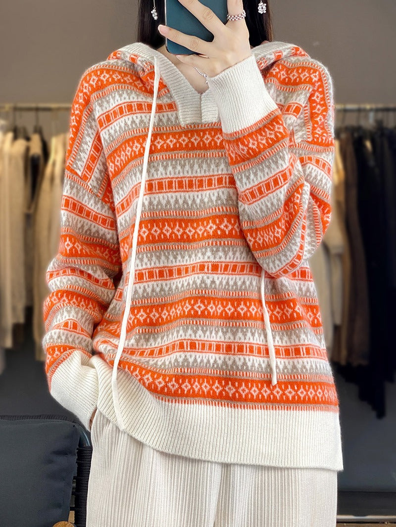 Women Oversize Jacquard Knit Hoodie with V-Slit and Ribbed Cuffs Mune Fashion