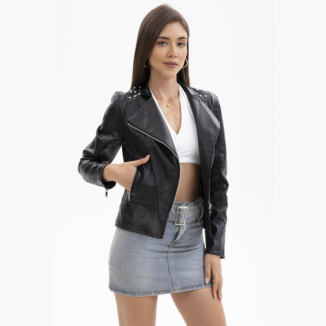 Women's nan biker jacket made of faux leather with studded details and asymmetric zipper Mune Fashion