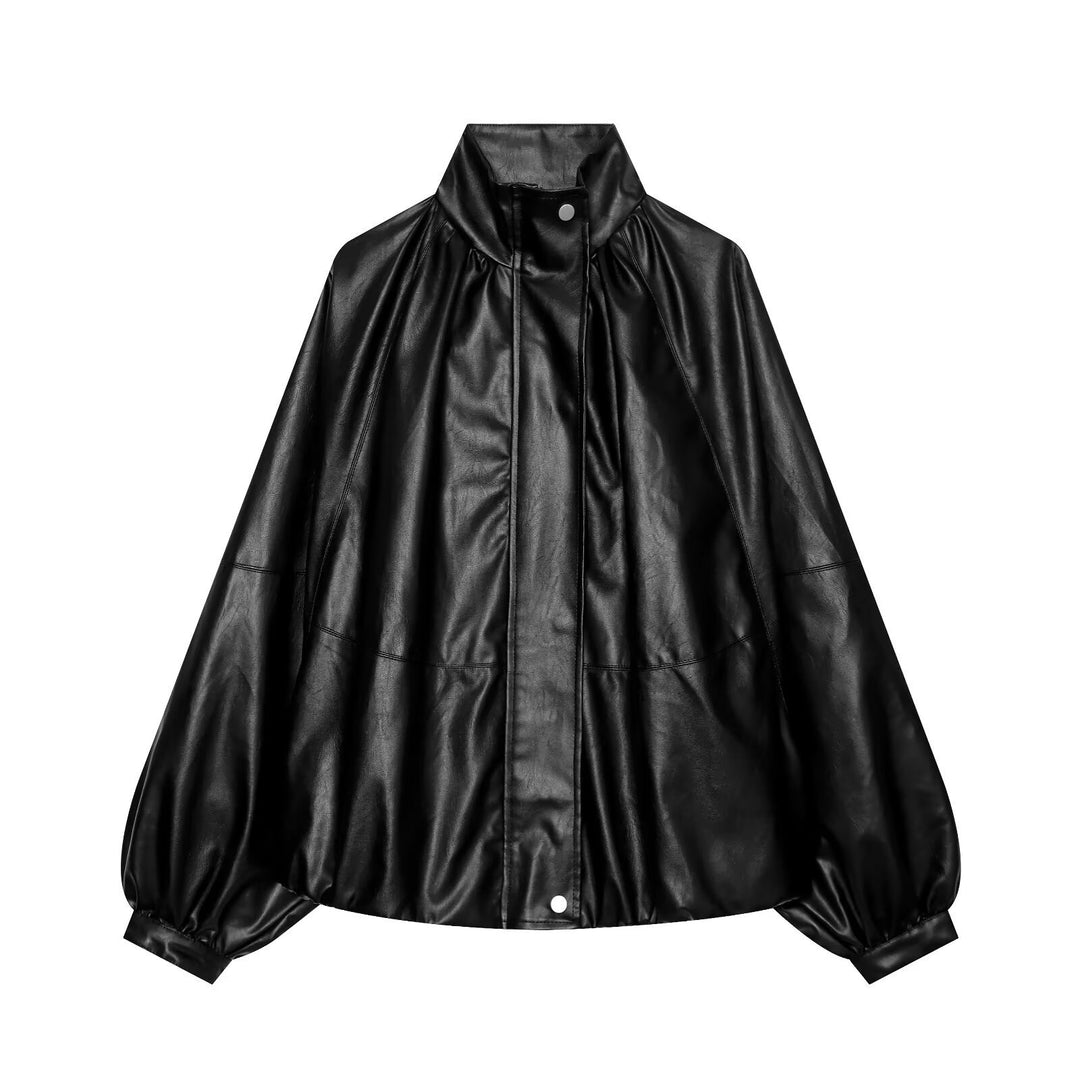 Women Oversized Leather-Like Cape with Stand Collar and Balloon Sleeves Mune Fashion