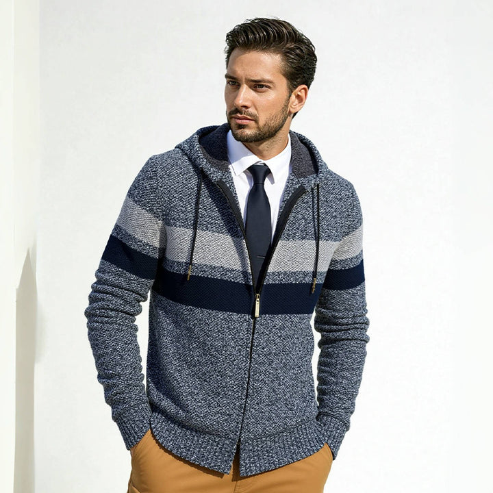 Men's Structured Hooded Cardigan with Contrast Stripes and Full Zip Mune Fashion