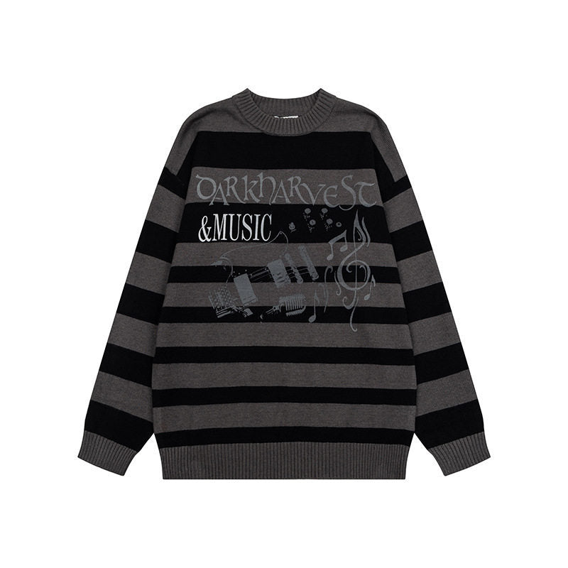 Women Striped Oversized Knit Sweater with Round Neck and Music Graphic Mune Fashion