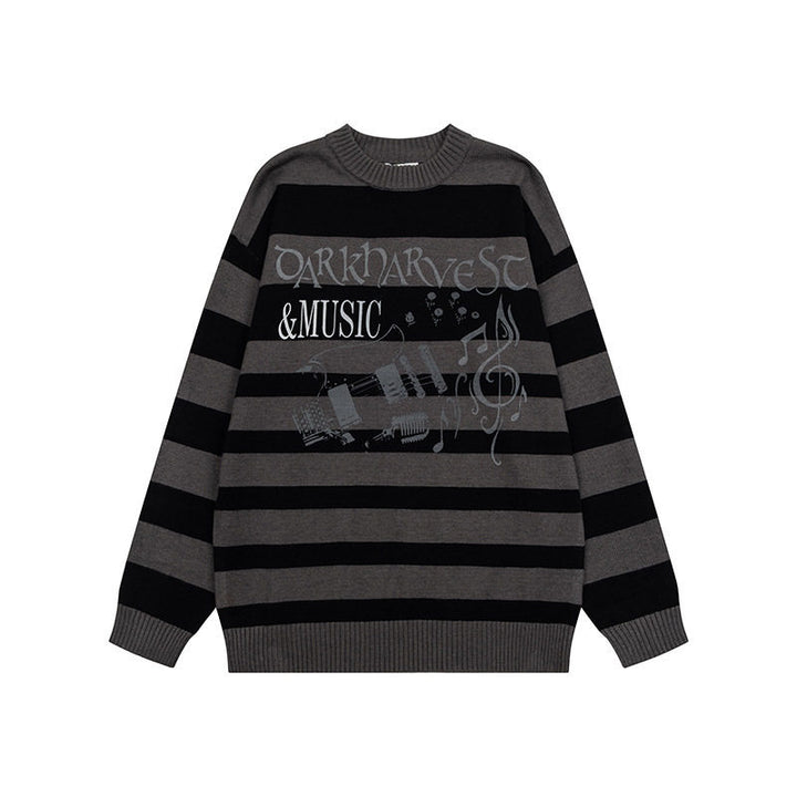 Women Striped Oversized Knit Sweater with Round Neck and Music Graphic Mune Fashion