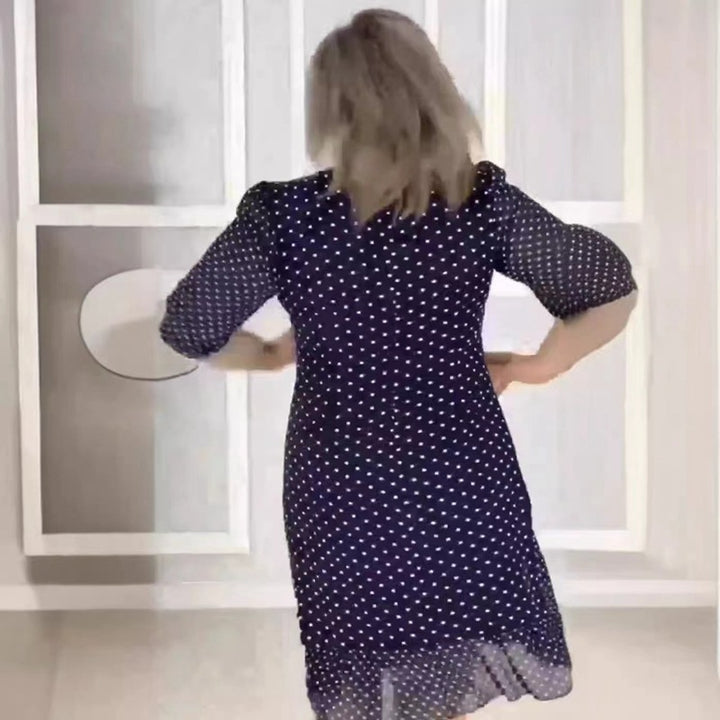 Women's Chiffon Midi Dress with Polka Dot Pattern, Feminine A-Line and Delicate Floral Embroidery Mune Fashion